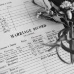 A black-and-white photo of a marriage record from Florida. There are several columns with headings, including "Groom's Name," "Bride's Name," "Date of Marriage," "Place of Marriage," "Groom's Age," "Bride's Age," "Groom's Occupation," "Bride's Occupation," "Groom's Residence," "Bride's Residence," "Groom's Birthplace," and "Bride's Birthplace." There are a few filled-out rows with names and dates.